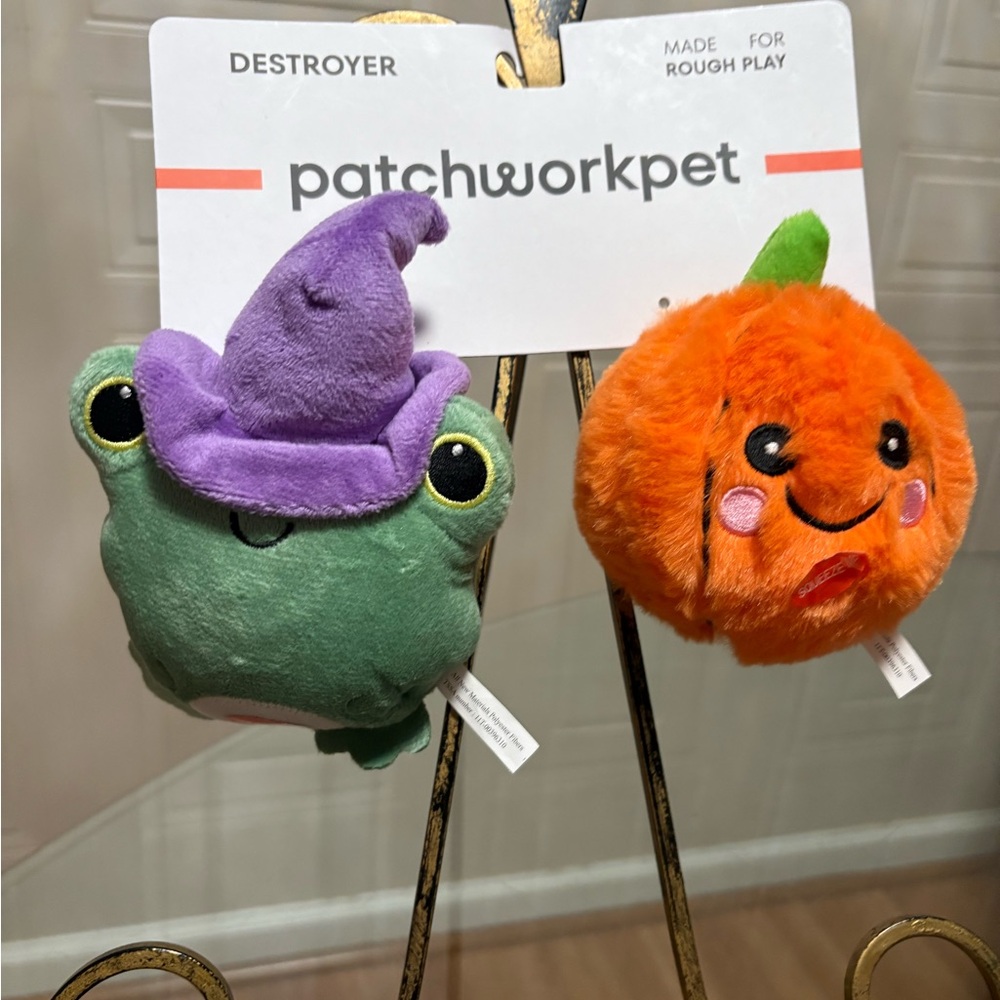 Patchwork~  Set Of 2 Pricklets 🐸 Frog And Pumpkin 🎃 4’’ ~ Squeaky Dog Toy